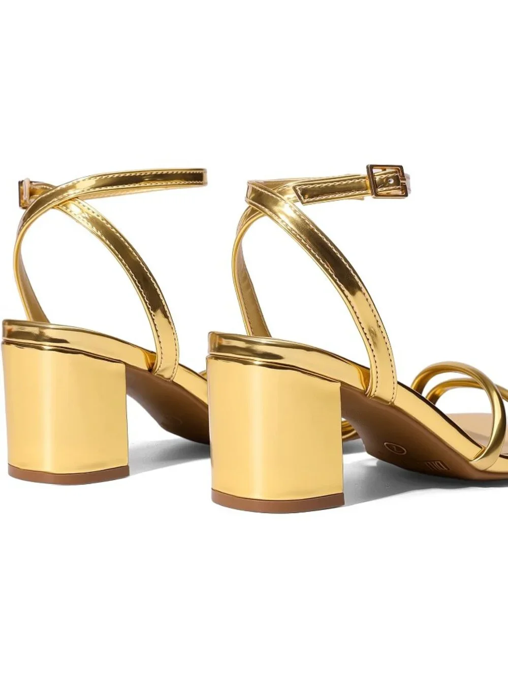 Women's Gold Faux Leather Square-Toe Chunky Block Ankle Buckle Heeled Sandals